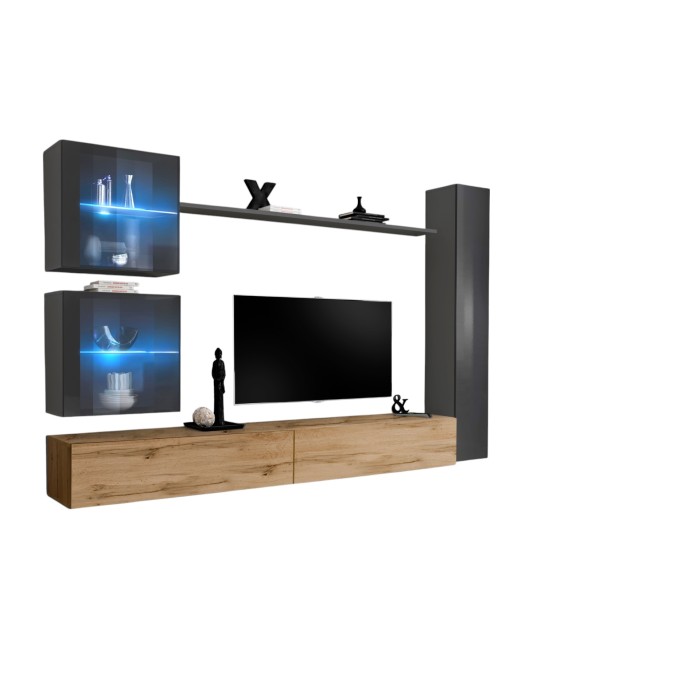 Ensemble meuble salon mural SWITCH XVIII design, coloris chêne Wotan et gris brillant.