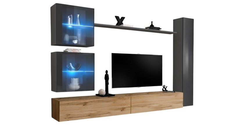 Ensemble meuble salon mural SWITCH XVIII design, coloris chêne Wotan et gris brillant.