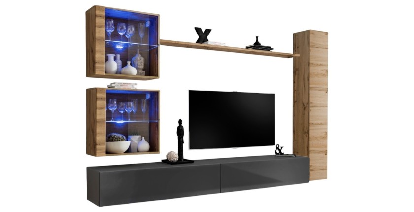 Ensemble meuble salon mural SWITCH XVIII design, coloris gris brillant et chêne Wotan.