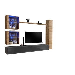 Ensemble meuble salon mural SWITCH XVIII design, coloris gris brillant et chêne Wotan.