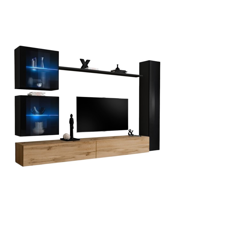 Ensemble meuble salon mural SWITCH XVIII design, coloris chêne Wotan et noir brillant.