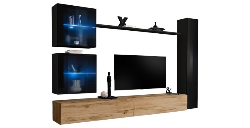 Ensemble meuble salon mural SWITCH XVIII design, coloris chêne Wotan et noir brillant.