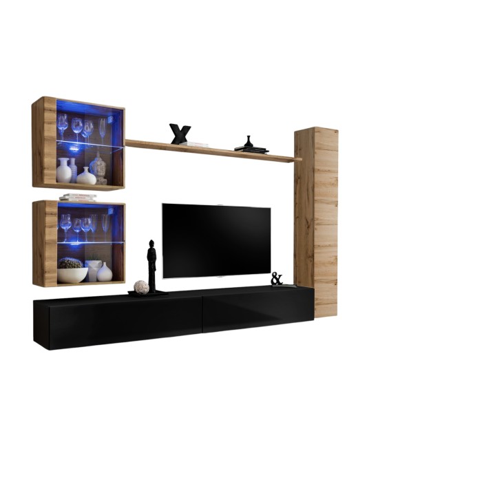 Ensemble meuble salon mural SWITCH XVIII design, coloris noir brillant et chêne Wotan.