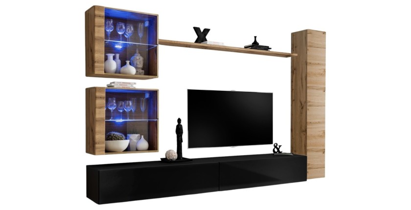 Ensemble meuble salon mural SWITCH XVIII design, coloris noir brillant et chêne Wotan.