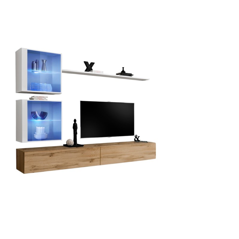 Ensemble meuble salon mural SWITCH XVIII design, coloris chêne Wotan et blanc brillant.