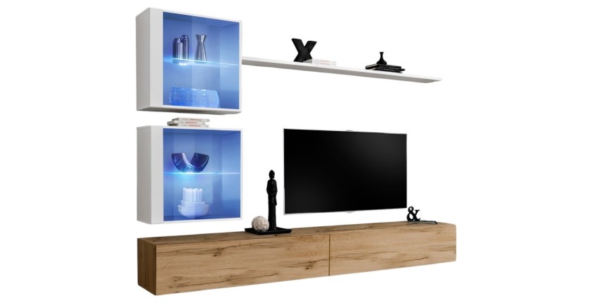 Ensemble meuble salon mural SWITCH XVIII design, coloris chêne Wotan et blanc brillant.