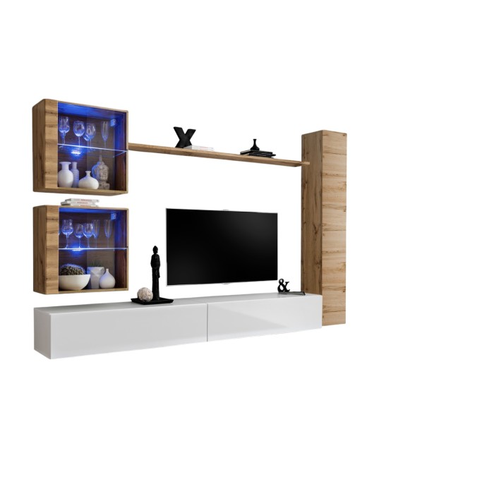 Ensemble meuble salon mural SWITCH XVIII design, coloris blanc brillant et chêne Wotan.