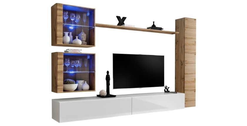 Ensemble meuble salon mural SWITCH XVIII design, coloris blanc brillant et chêne Wotan.