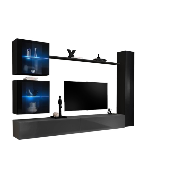 Ensemble meuble salon mural SWITCH XVIII design, coloris gris et noir brillant.