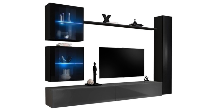 Ensemble meuble salon mural SWITCH XVIII design, coloris gris et noir brillant.