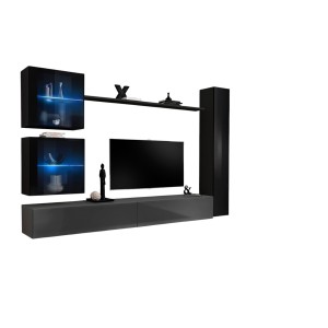 Ensemble meuble salon mural SWITCH XVIII design, coloris gris et noir brillant.