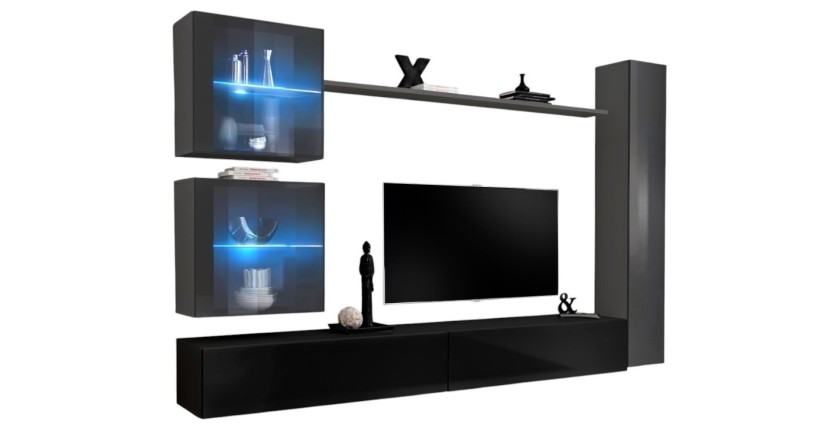 Ensemble meuble salon mural SWITCH XVIII design, coloris noir et gris brillant.