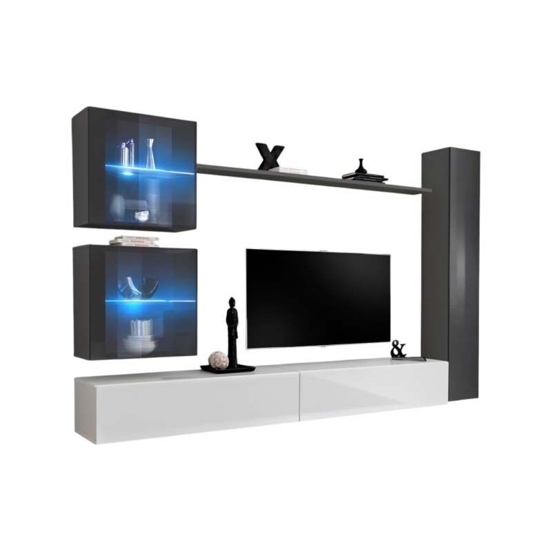 Ensemble meuble salon mural SWITCH XVIII design, coloris blanc et gris brillant.