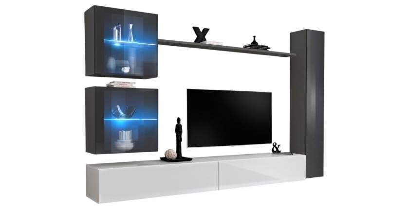 Ensemble meuble salon mural SWITCH XVIII design, coloris blanc et gris brillant.