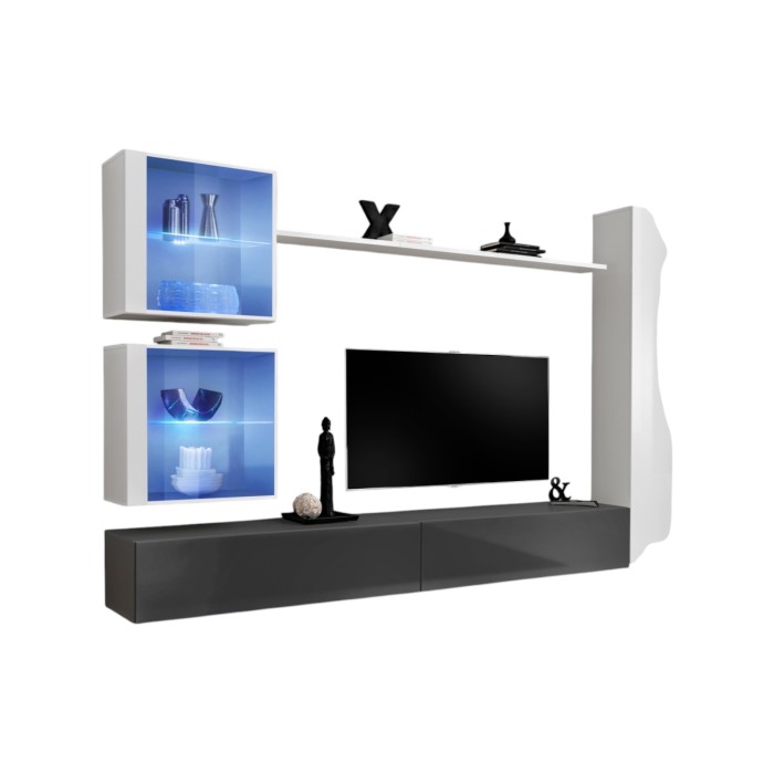 Ensemble meuble salon mural SWITCH XVIII design, coloris gris et blanc brillant.