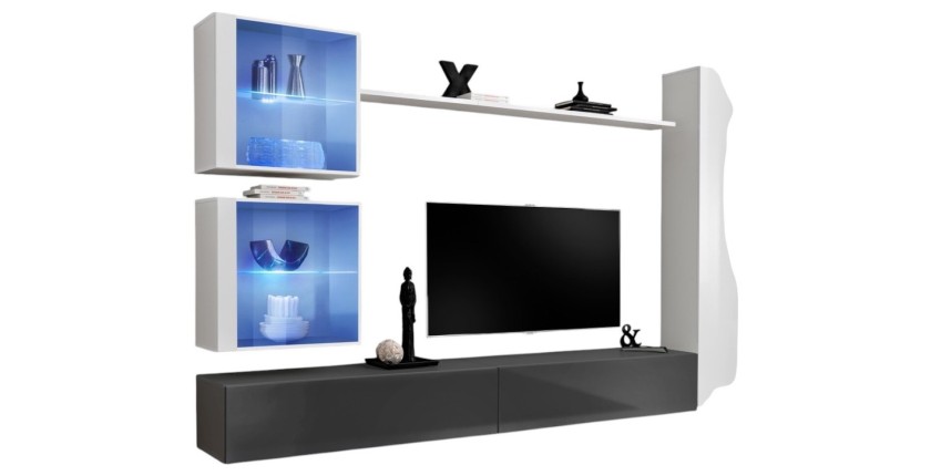 Ensemble meuble salon mural SWITCH XVIII design, coloris gris et blanc brillant.