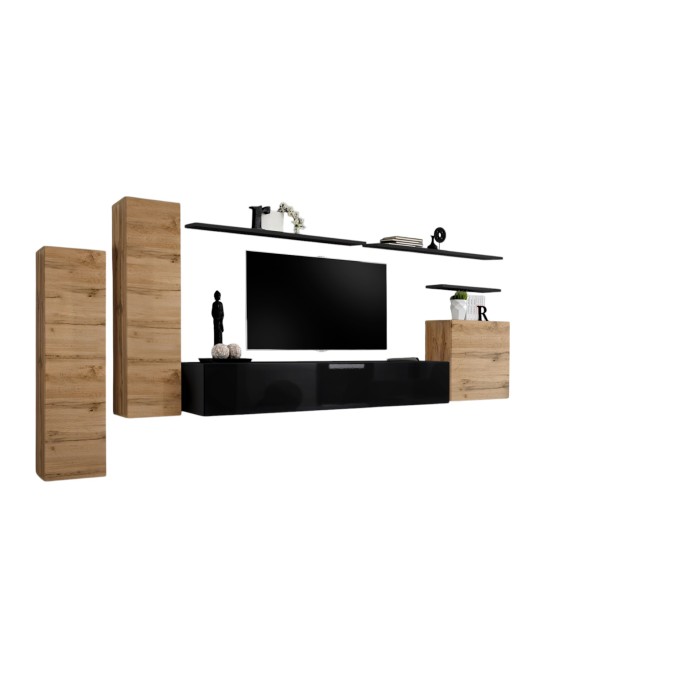 Ensemble meuble salon SWITCH I design, coloris chêne Wotan et noir brillant.