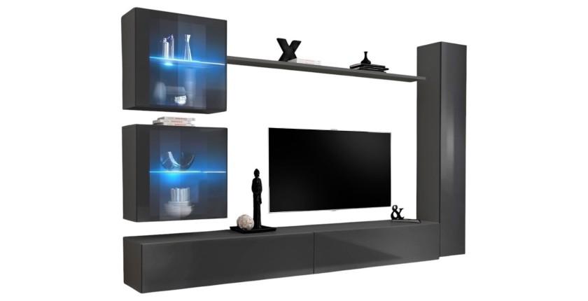 Ensemble meuble salon mural SWITCH XVIII design, coloris gris brillant.