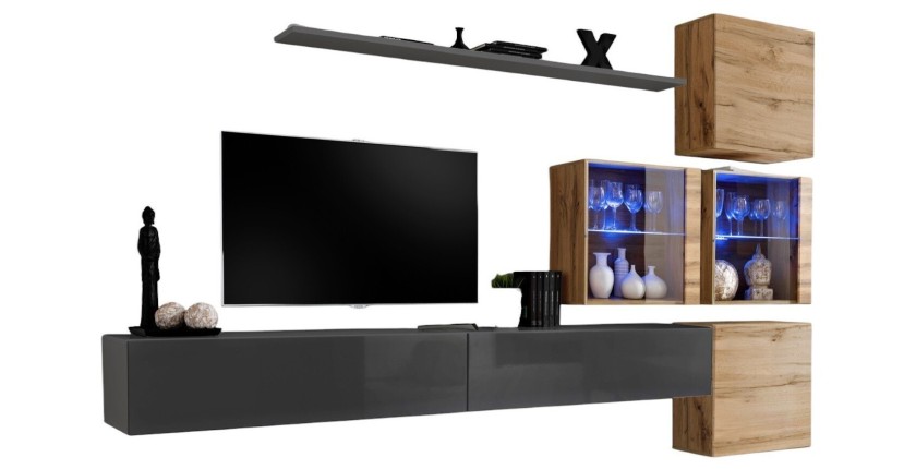 Ensemble meubles de salon SWITCH XIX design, coloris gris brillant et chêne Wotan.