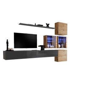 Ensemble meubles de salon SWITCH XIX design, coloris gris brillant et chêne Wotan.