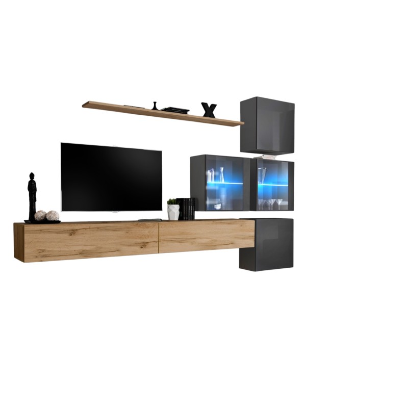 Ensemble meubles de salon SWITCH XIX design, coloris chêne Wotan et gris brillant.