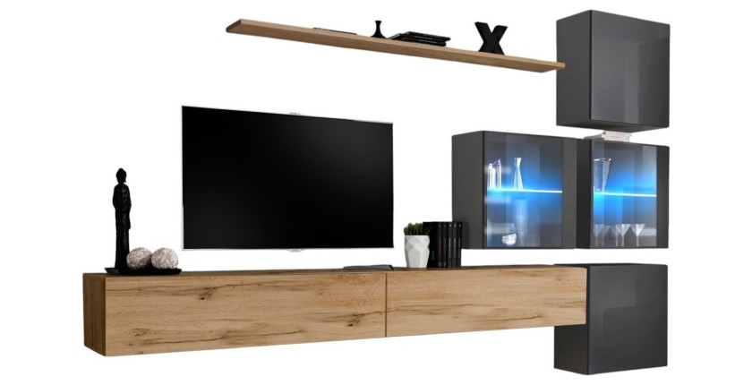 Ensemble meubles de salon SWITCH XIX design, coloris chêne Wotan et gris brillant.