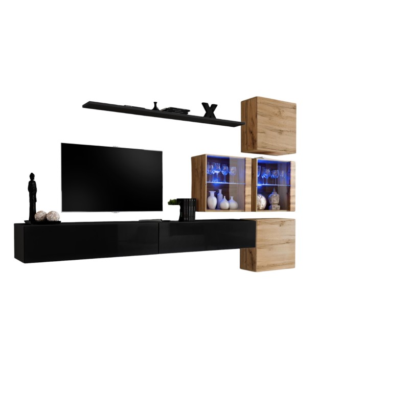 Ensemble meubles de salon SWITCH XIX design, coloris noir brillant et chêne Wotan.