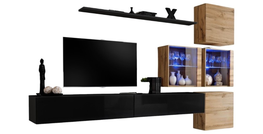 Ensemble meubles de salon SWITCH XIX design, coloris noir brillant et chêne Wotan.
