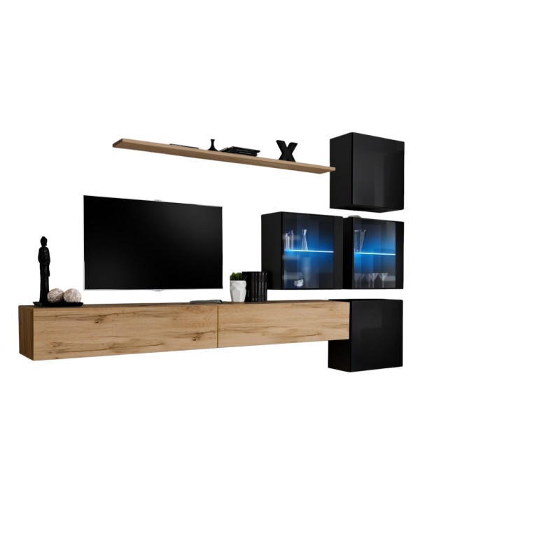 Ensemble meubles de salon SWITCH XIX design, coloris chêne Wotan et noir brillant.