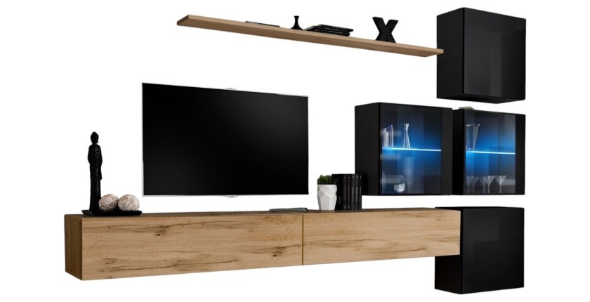 Ensemble meubles de salon SWITCH XIX design, coloris chêne Wotan et noir brillant.