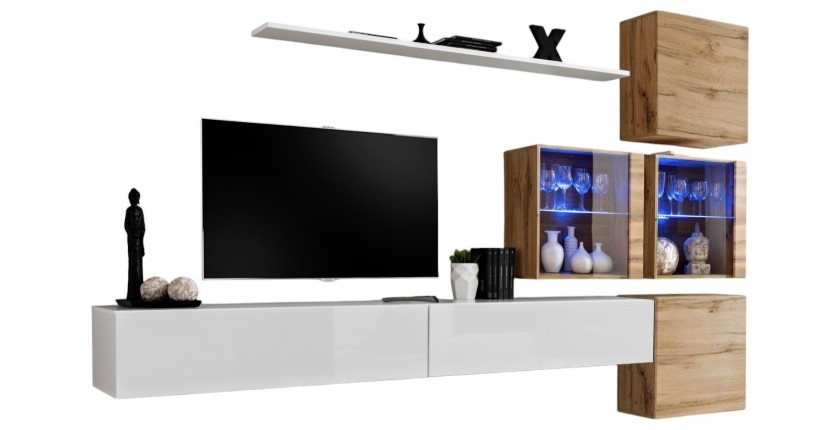 Ensemble meubles de salon SWITCH XIX design, coloris blanc brillant et chêne Wotan.