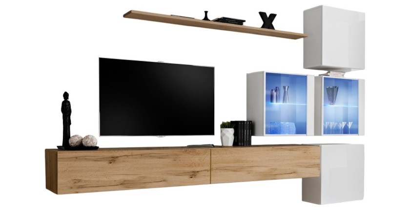 Ensemble meubles de salon SWITCH XIX design, coloris chêne Wotan et blanc brillant.