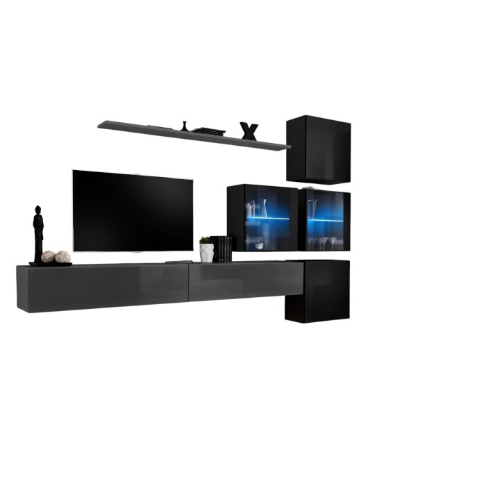 Ensemble meubles de salon SWITCH XIX design, coloris gris et noir brillant.