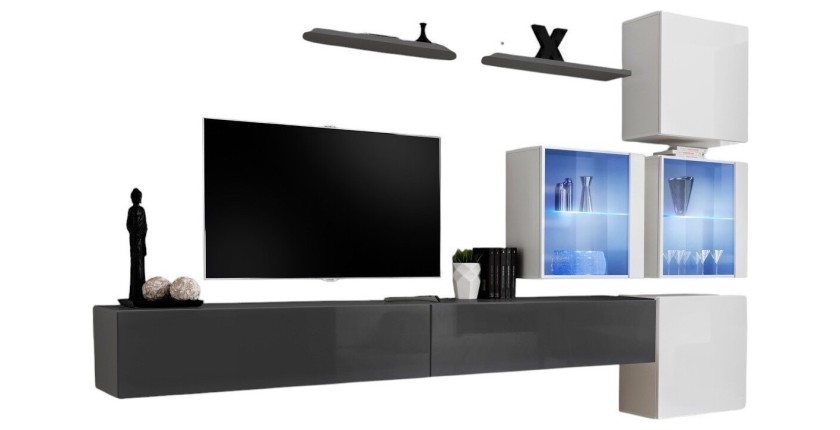 Ensemble meubles de salon SWITCH XIX design, coloris gris et blanc brillant.