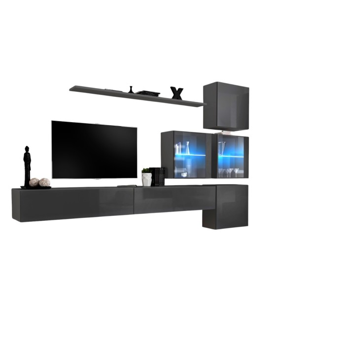 Ensemble meuble salon mural SWITCH XIX design, coloris gris brillant.