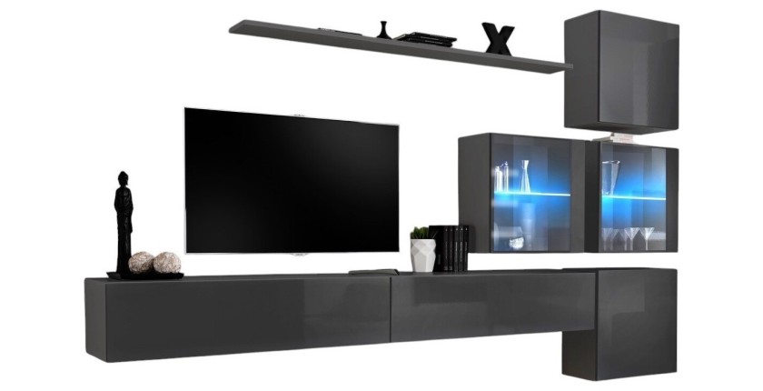Ensemble meuble salon mural SWITCH XIX design, coloris gris brillant.