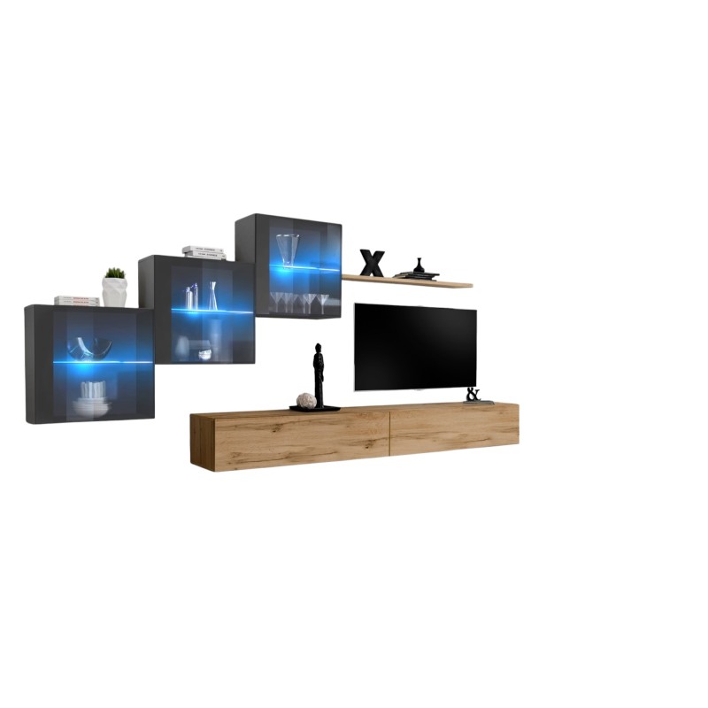 Ensemble meubles de salon SWITCH XX design, coloris chêne Wotan et gris brillant.