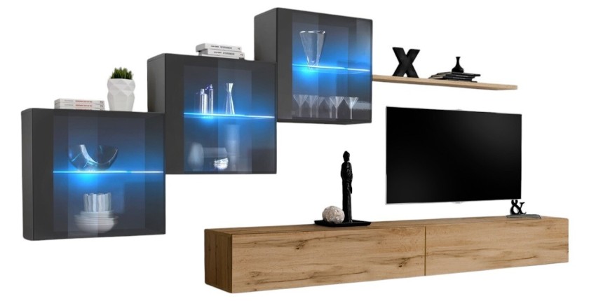Ensemble meubles de salon SWITCH XX design, coloris chêne Wotan et gris brillant.