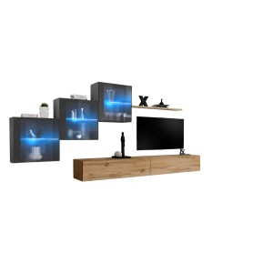 Ensemble meubles de salon SWITCH XX design, coloris chêne Wotan et gris brillant.