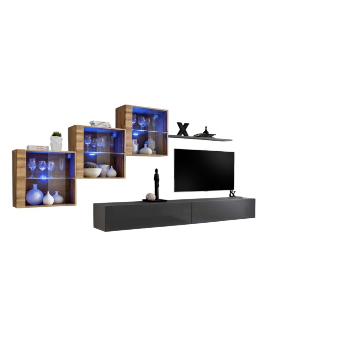 Ensemble meubles de salon SWITCH XX design, coloris gris brillant et chêne Wotan.