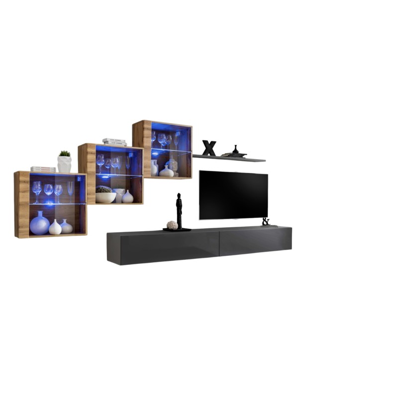 Ensemble meubles de salon SWITCH XX design, coloris gris brillant et chêne Wotan.