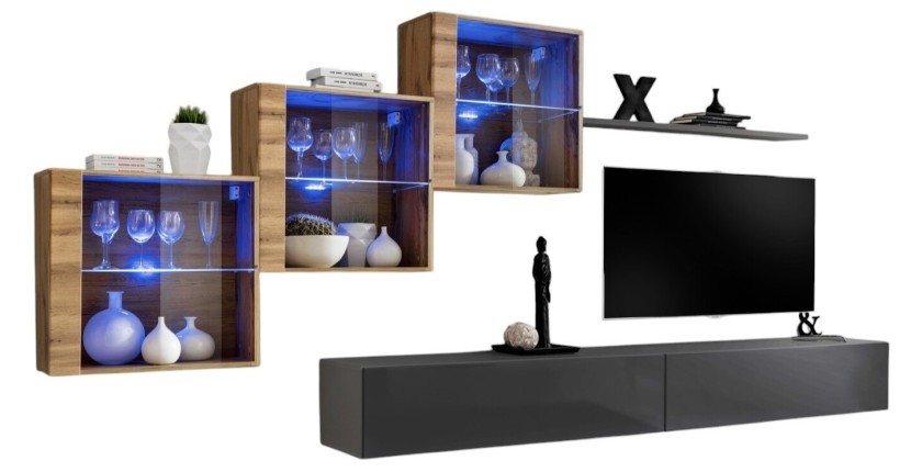 Ensemble meubles de salon SWITCH XX design, coloris gris brillant et chêne Wotan.