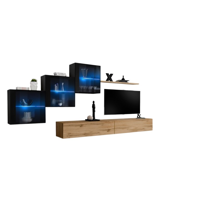 Ensemble meubles de salon SWITCH XX design, coloris chêne Wotan et noir brillant.