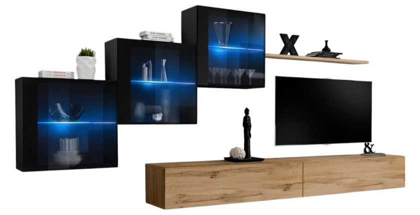 Ensemble meubles de salon SWITCH XX design, coloris chêne Wotan et noir brillant.