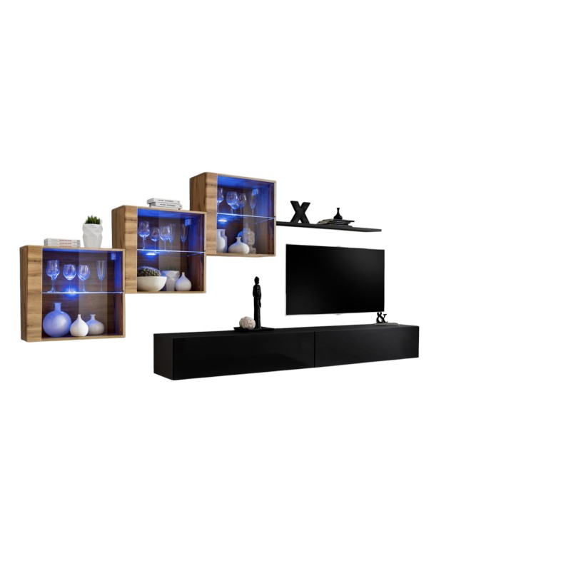 Ensemble meubles de salon SWITCH XX design, coloris noir brillant et chêne Wotan.