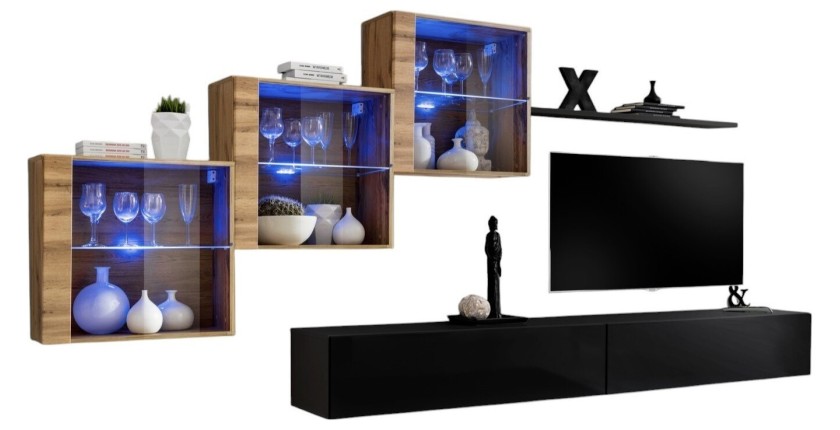 Ensemble meubles de salon SWITCH XX design, coloris noir brillant et chêne Wotan.