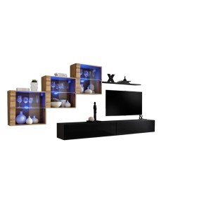 Ensemble meubles de salon SWITCH XX design, coloris noir brillant et chêne Wotan.