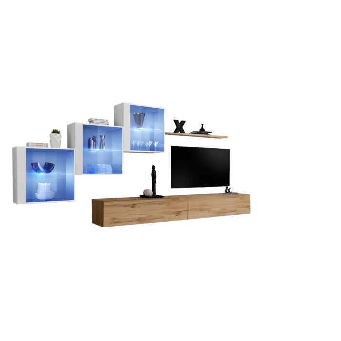Ensemble meubles de salon SWITCH XX design, coloris chêne Wotan et blanc brillant.