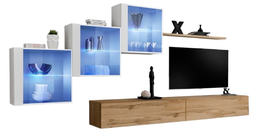 Ensemble meubles de salon SWITCH XX design, coloris chêne Wotan et blanc brillant.