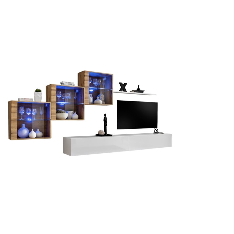 Ensemble meubles de salon SWITCH XX design, coloris blanc brillant et chêne Wotan.